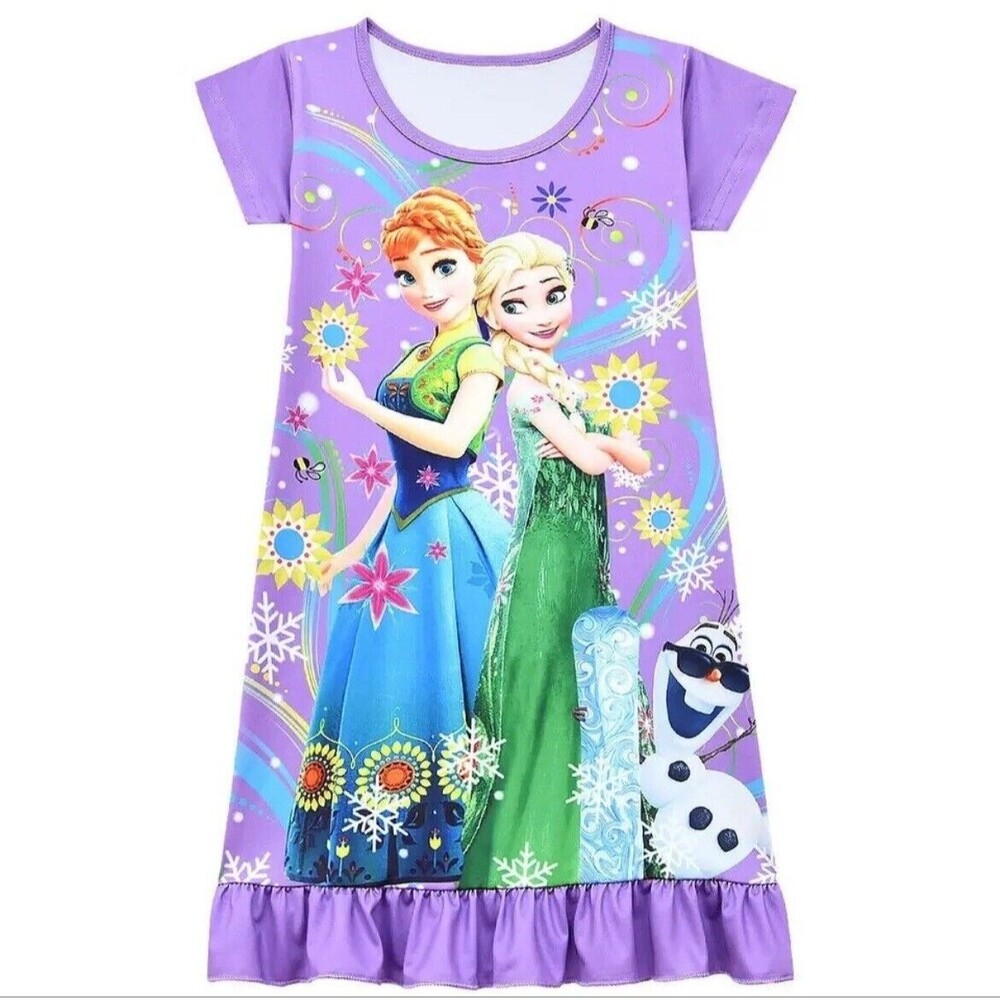 FROZEN Elsa Anna Olaf Night Gown Pjs Sleep Dress Shirt Pajamas Toddler Girl 5-6